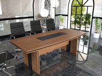 Ahşap malzemeden yapılmış modern toplantı masası.